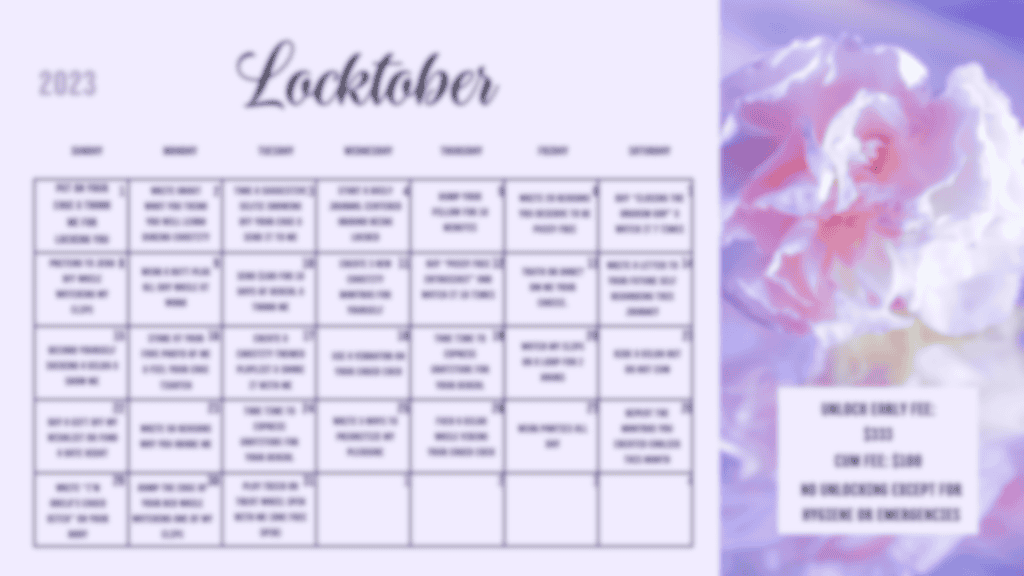 adela divine's blurred version of her locktober 2023 challenge calender. themes chastity, male chastity, tease and denial, orgasm control